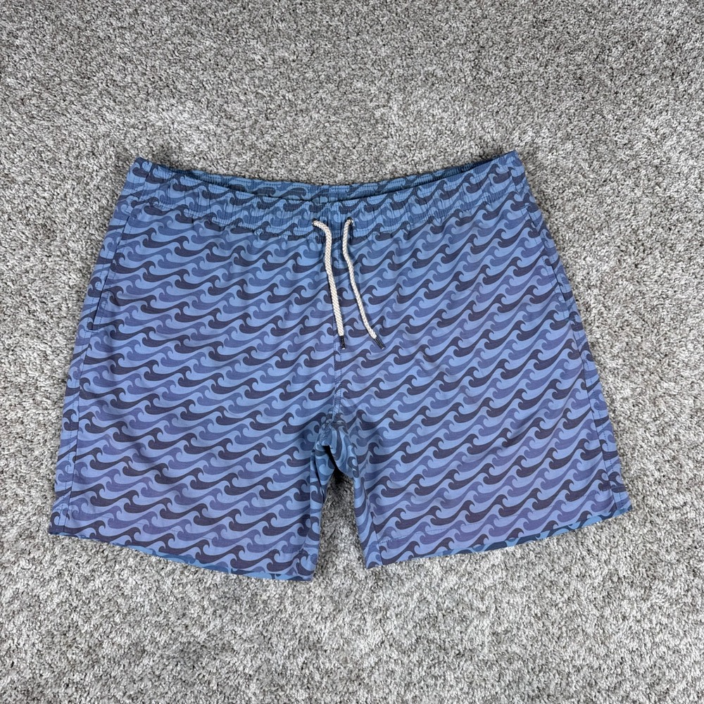 Faherty Swim Trunks Mens XXL Blue Wave Print Coastal Surf Drawstring Board